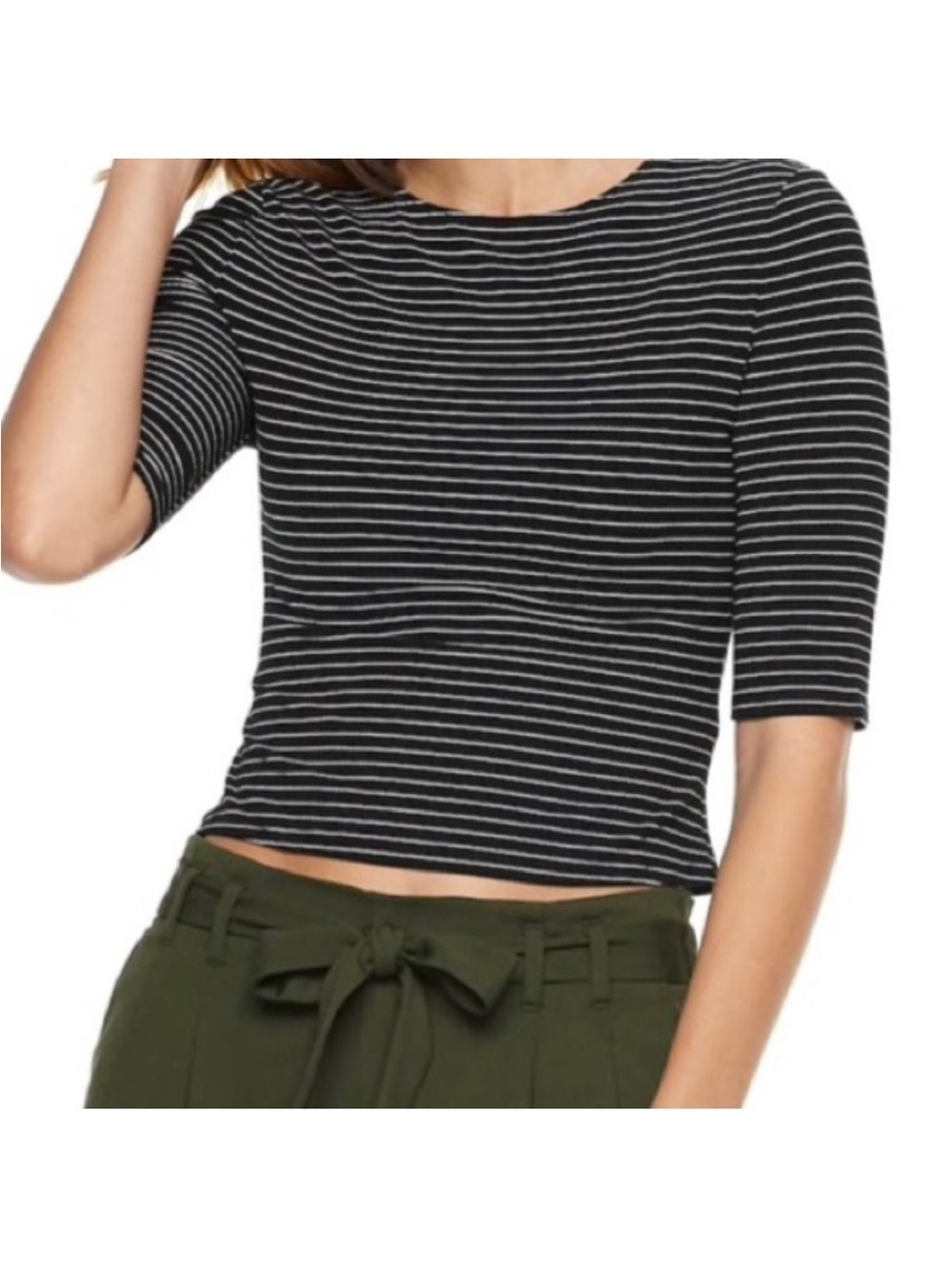 PopSugar Black & White Striped Top XXL NWT Ribbed Stretchy elbow Sleeve - Picture 9 of 11